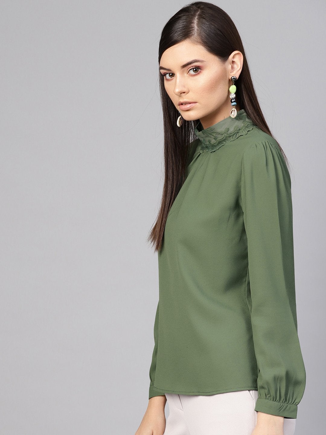 Women's Olive Lace On Neck Top