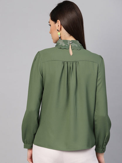 Women's Olive Lace On Neck Top
