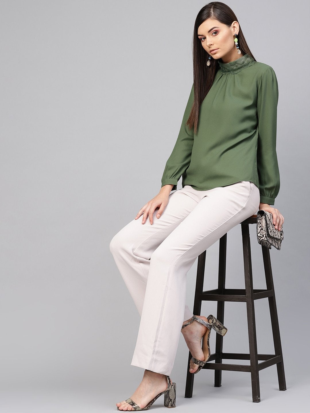Women's Olive Lace On Neck Top