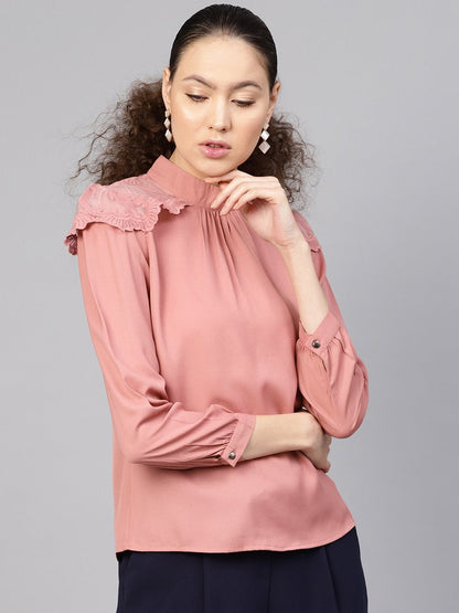 Women's Baked Pink Lacey Shoulder Top