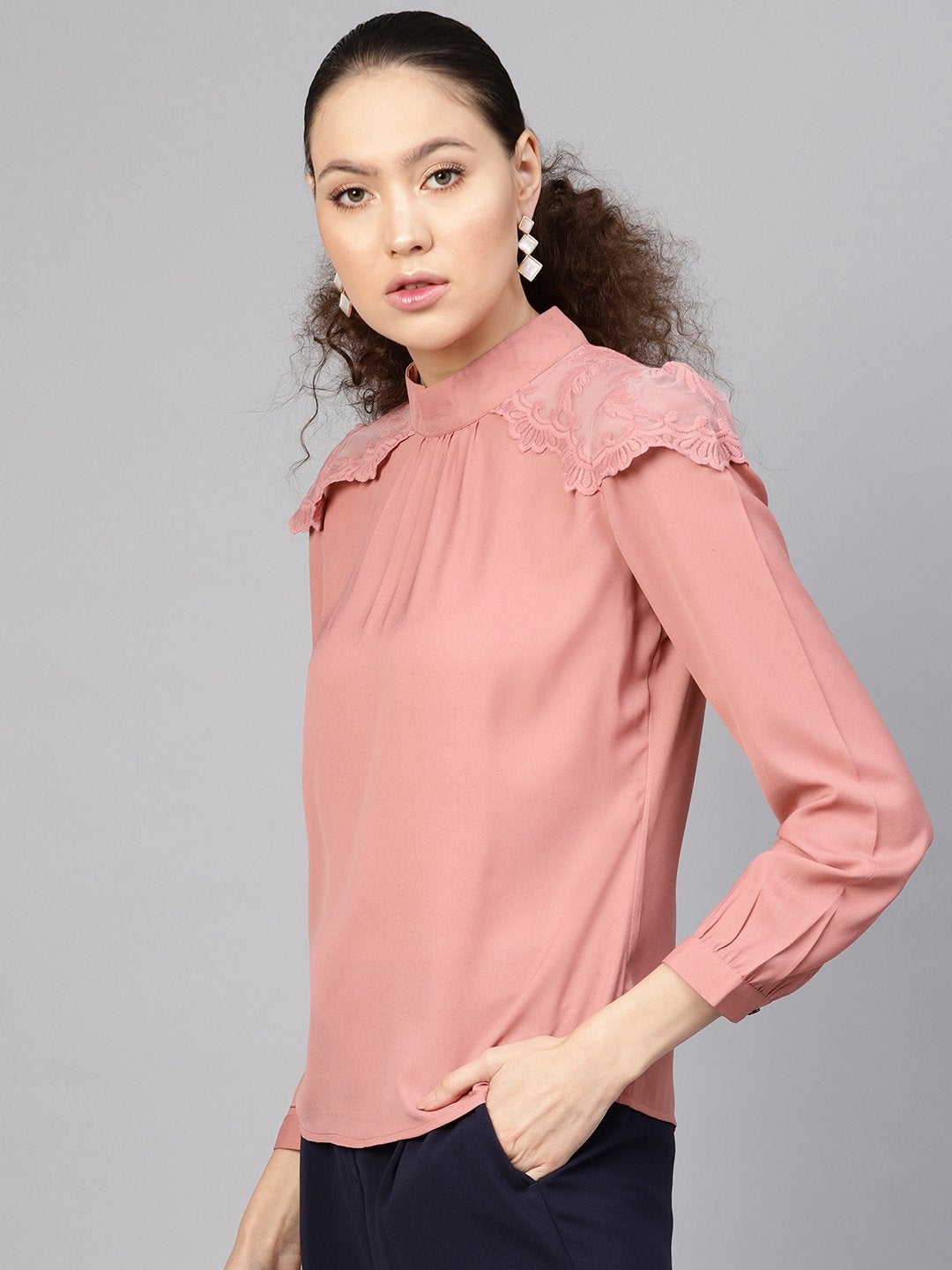 Women's Baked Pink Lacey Shoulder Top