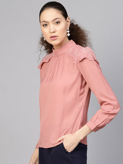 Women's Baked Pink Lacey Shoulder Top