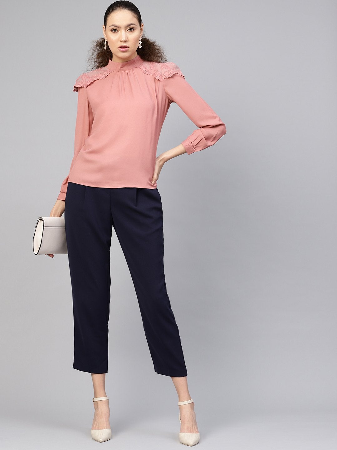 Women's Baked Pink Lacey Shoulder Top