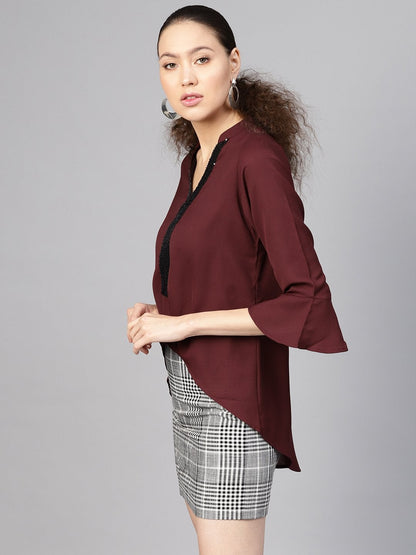 Women's Wine Sequin High Low Top
