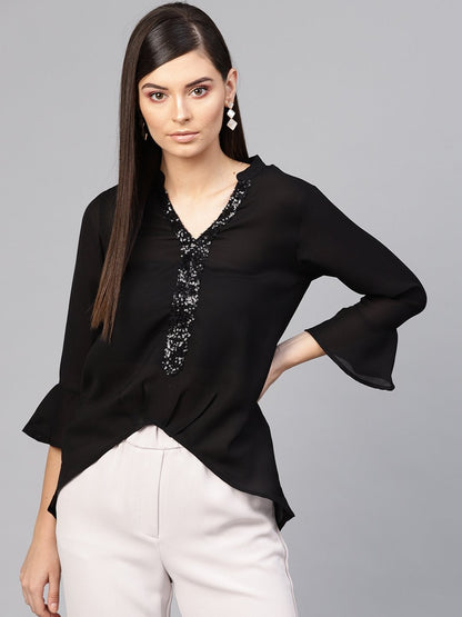 Women's Black Sequin High Low Top