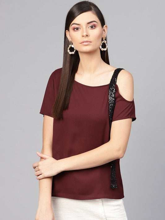 Women's Wine Sequin One Shoulder Strap Top