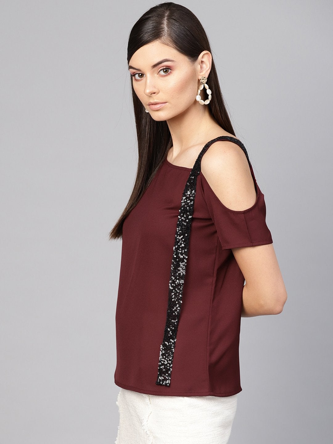 Women's Wine Sequin One Shoulder Strap Top
