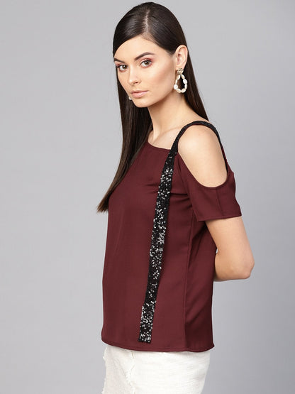 Women's Wine Sequin One Shoulder Strap Top