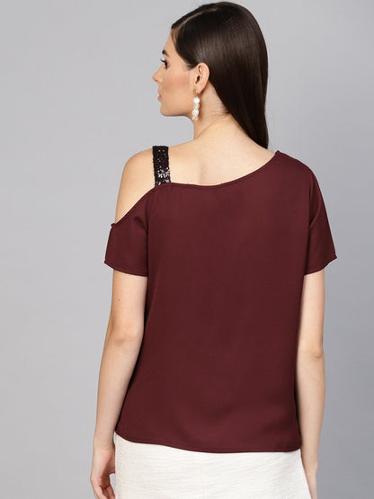 Women's Wine Sequin One Shoulder Strap Top