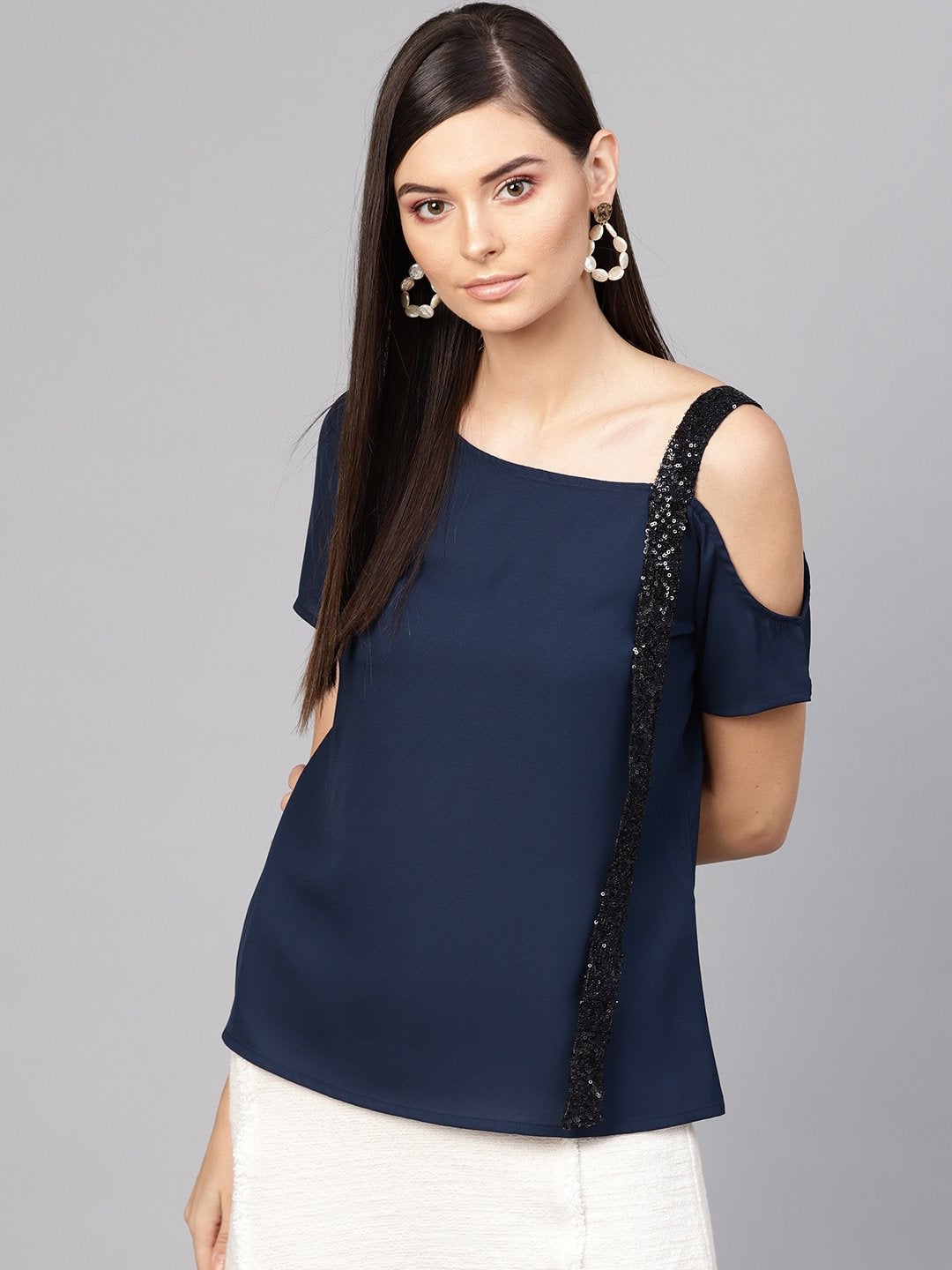 Women's Navy Sequin One Shoulder Strap Top