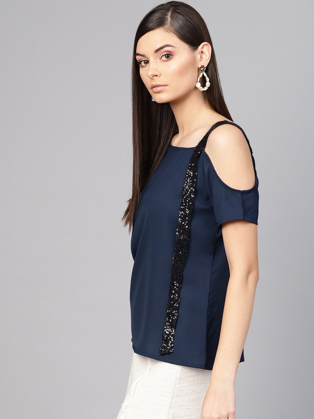 Women's Navy Sequin One Shoulder Strap Top