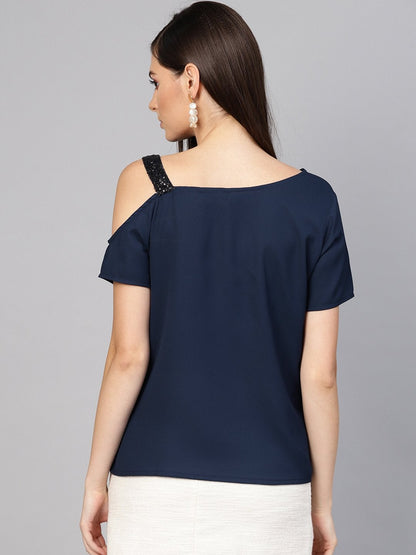 Women's Navy Sequin One Shoulder Strap Top