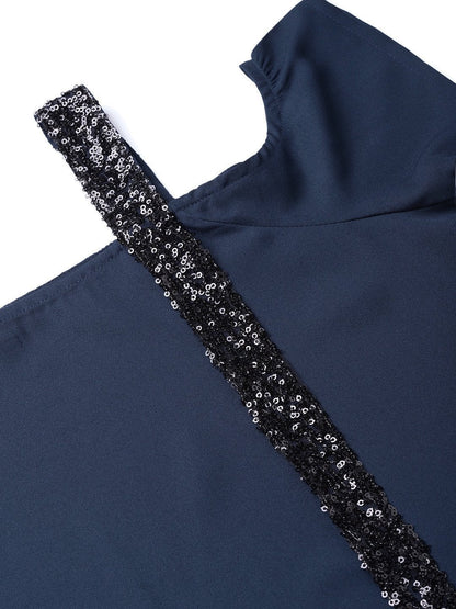 Women's Navy Sequin One Shoulder Strap Top