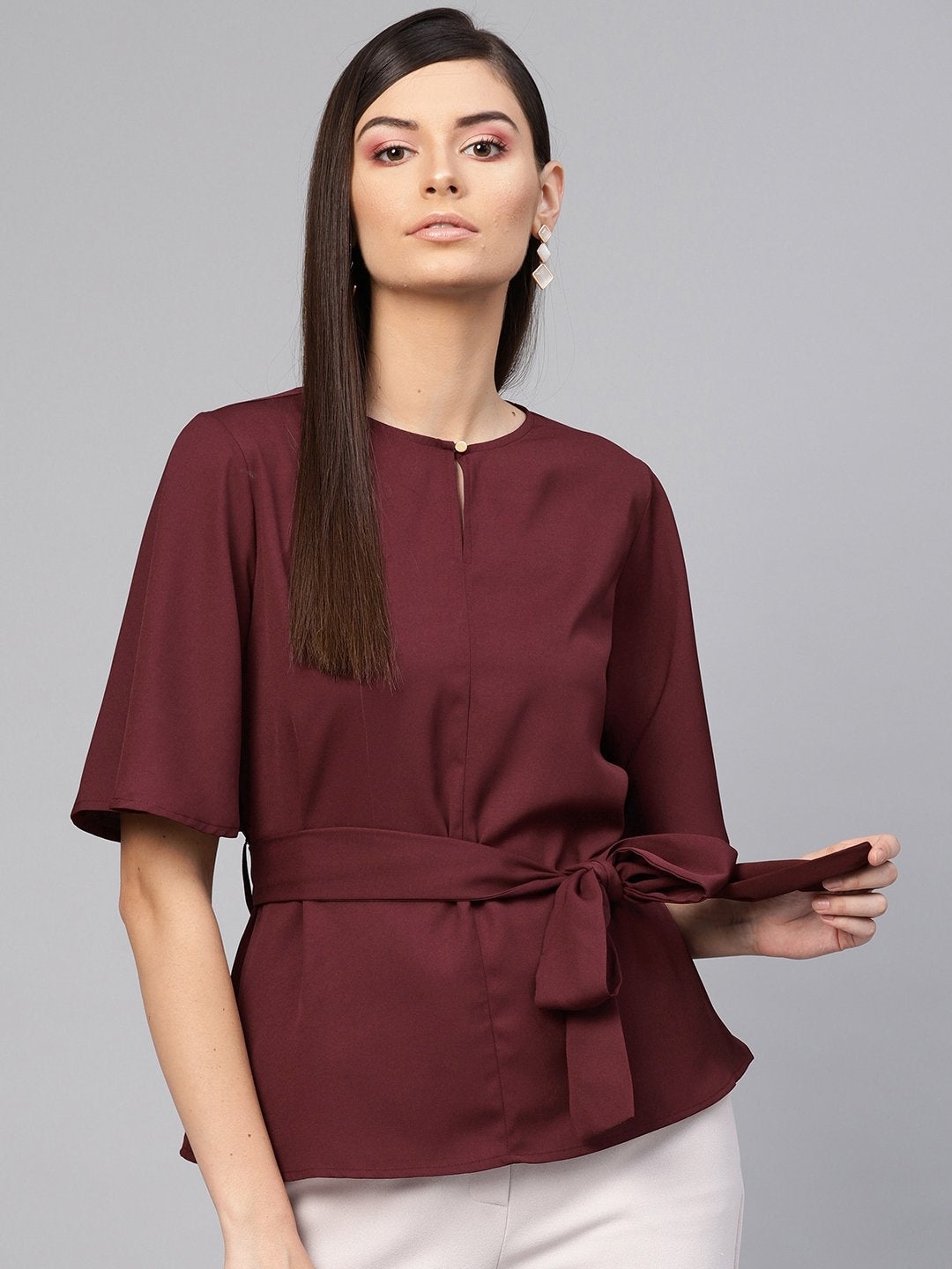 Women's Wine Front Keyhole Tie-Up Top
