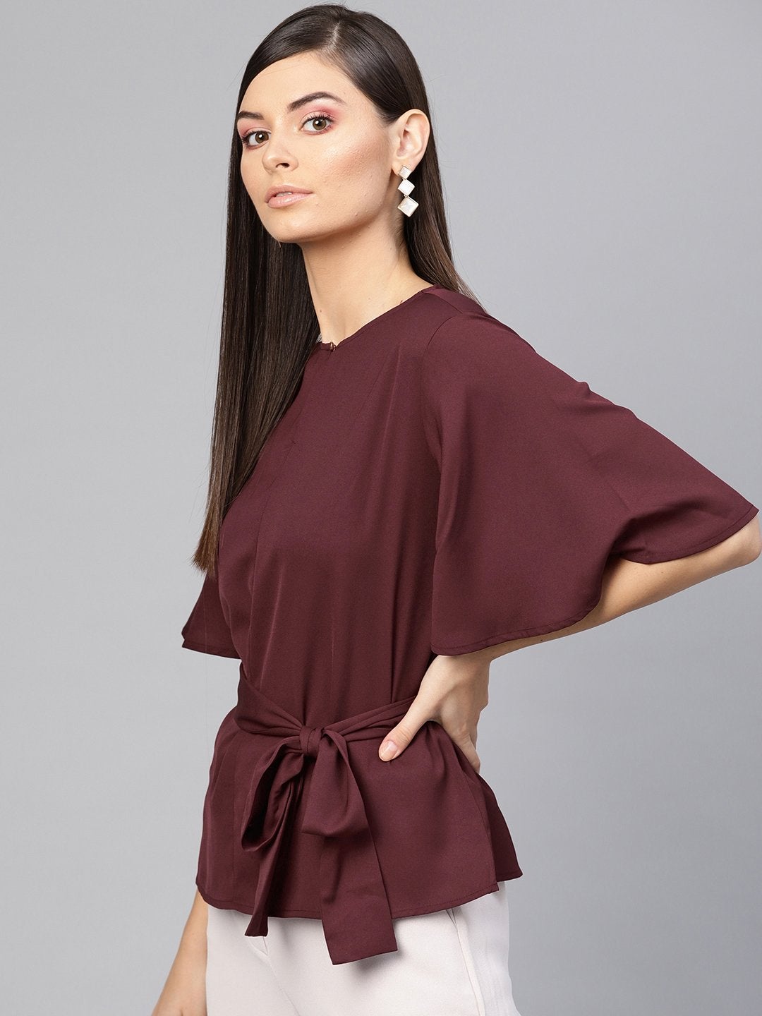 Women's Wine Front Keyhole Tie-Up Top