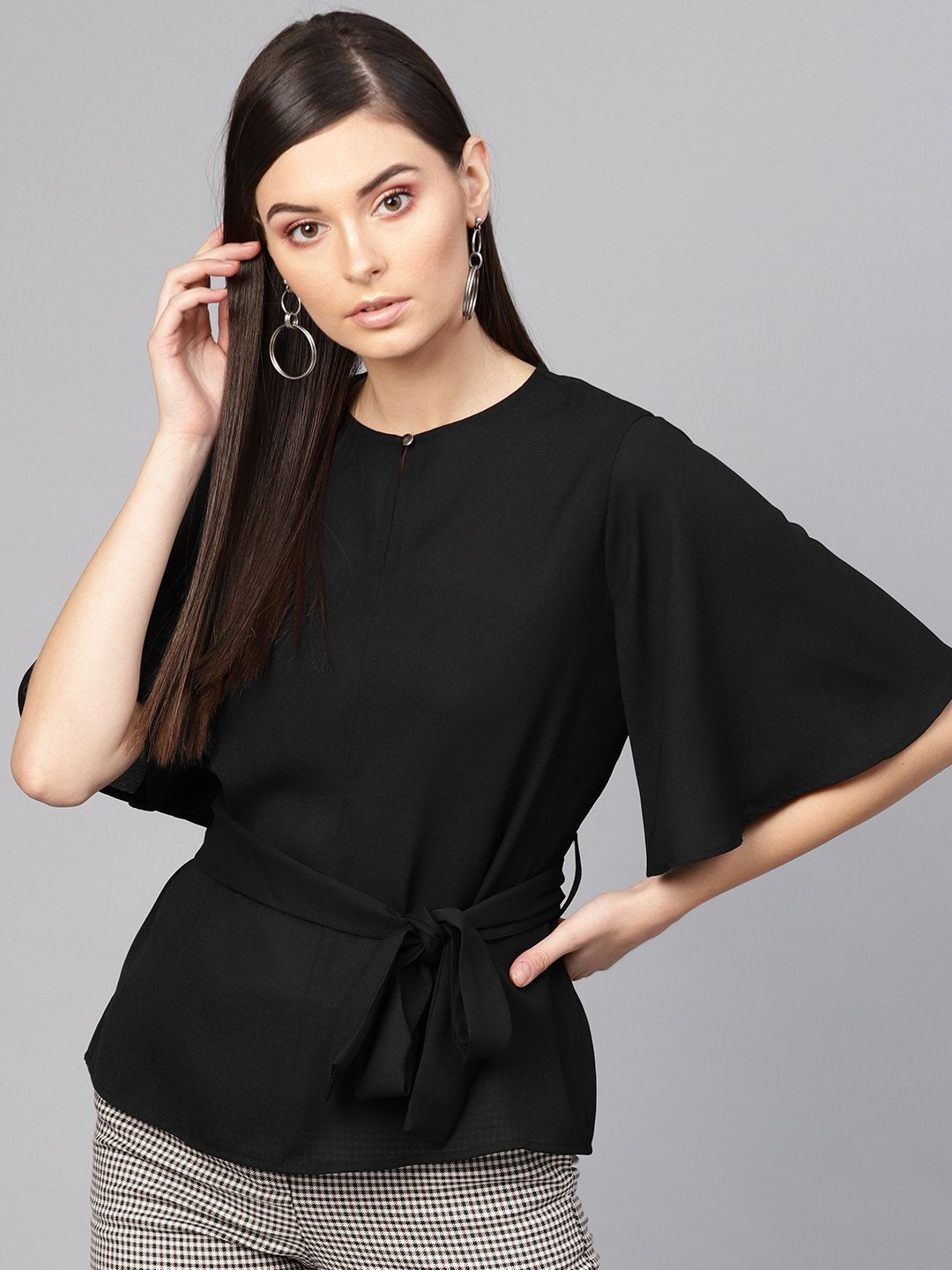 Women's Black Front Keyhole Tie-Up Top
