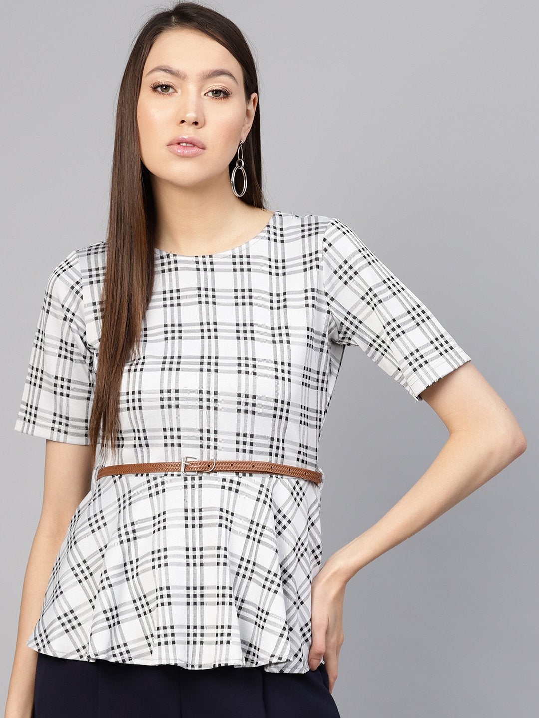 Women's Black & Grey Check Belted Peplum Top