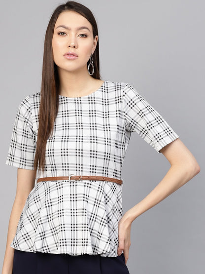 Women's Black & Grey Check Belted Peplum Top