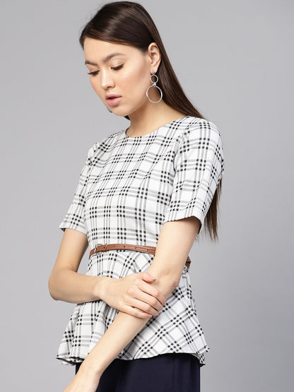 Women's Black & Grey Check Belted Peplum Top