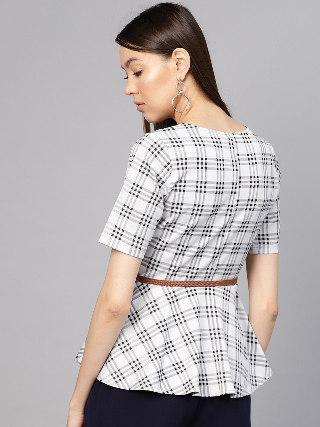 Women's Black & Grey Check Belted Peplum Top