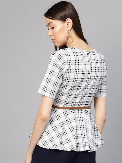 Women's Black & Grey Check Belted Peplum Top