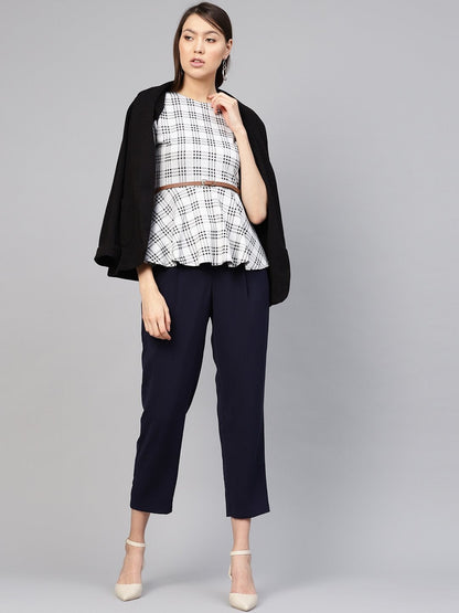 Women's Black & Grey Check Belted Peplum Top