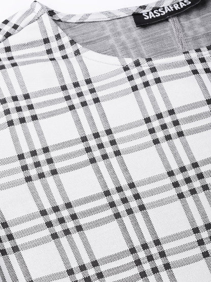 Women's Black & Grey Check Belted Peplum Top