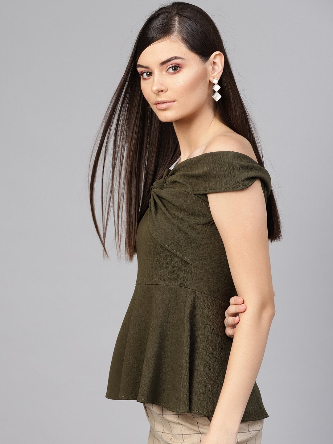 Women's Olive Bardot Peplum Top