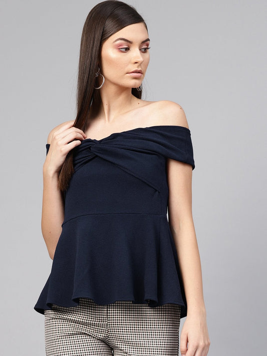 Women's Navy Bardot Peplum Top
