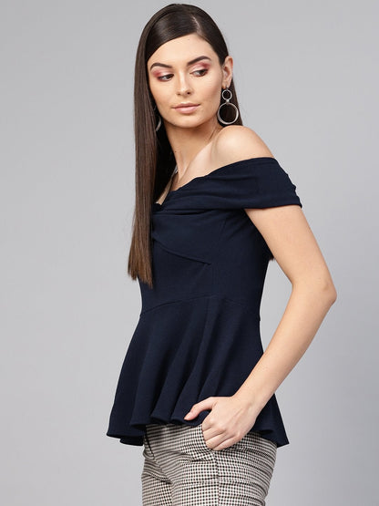 Women's Navy Bardot Peplum Top