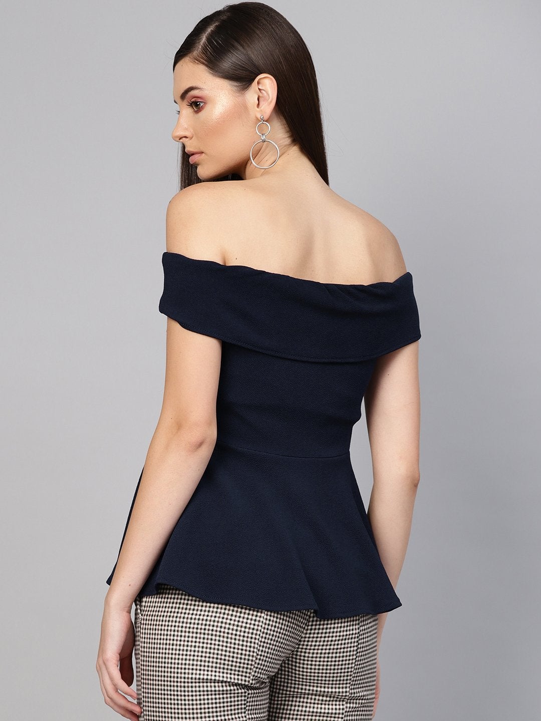 Women's Navy Bardot Peplum Top