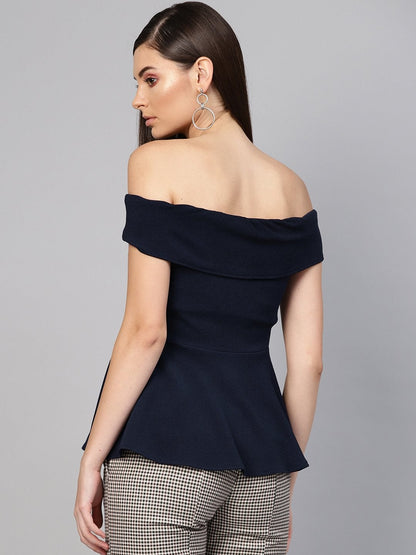 Women's Navy Bardot Peplum Top