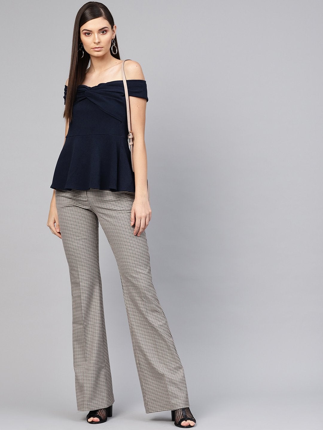 Women's Navy Bardot Peplum Top