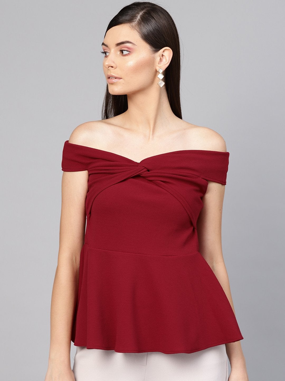Women's Maroon Bardot Peplum Top