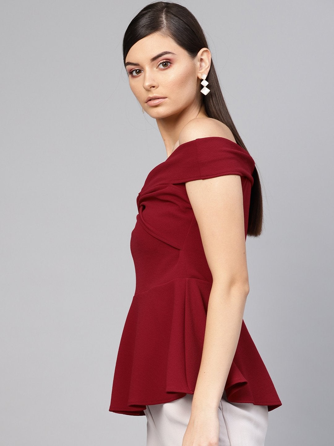 Women's Maroon Bardot Peplum Top