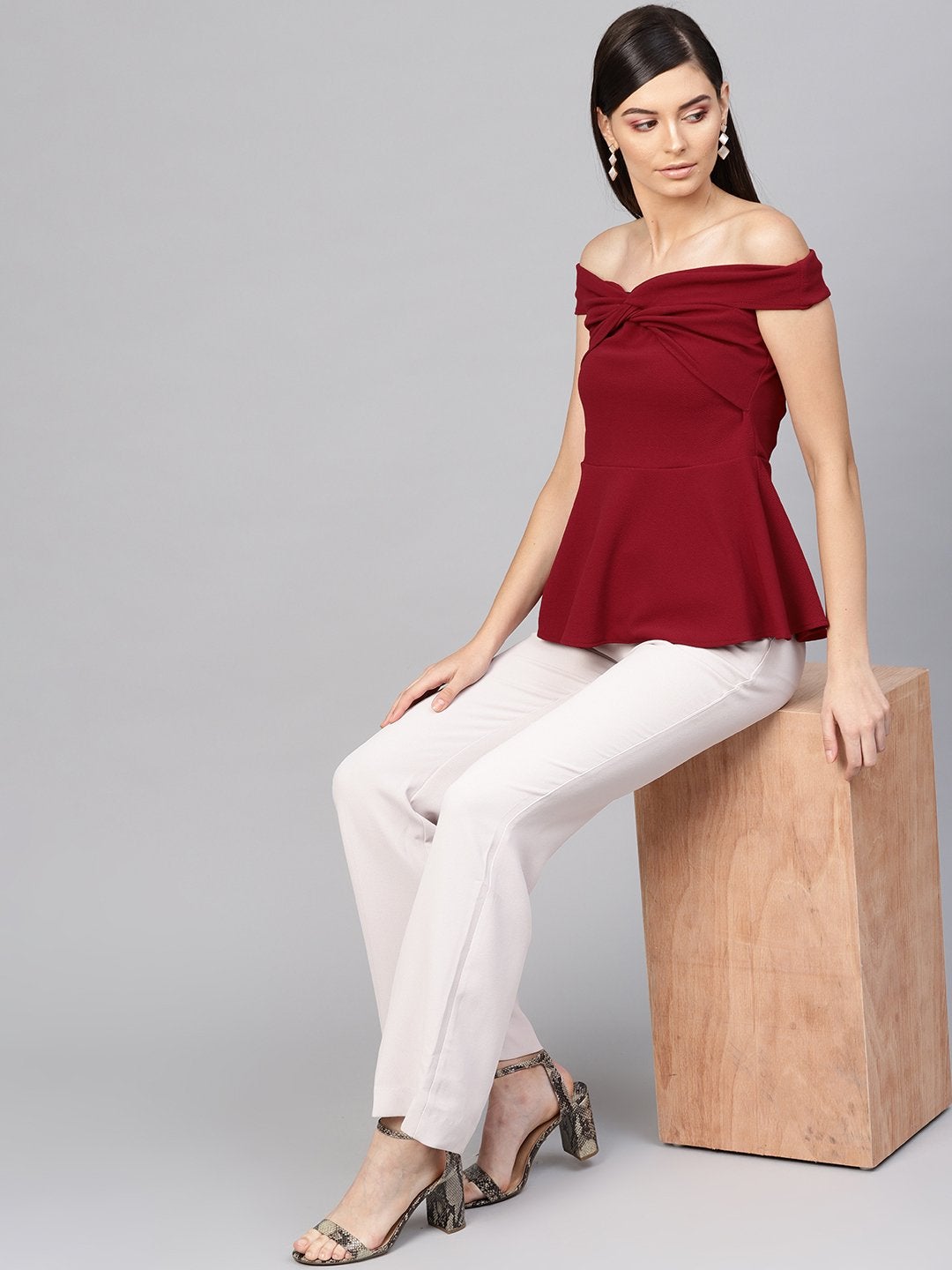 Women's Maroon Bardot Peplum Top