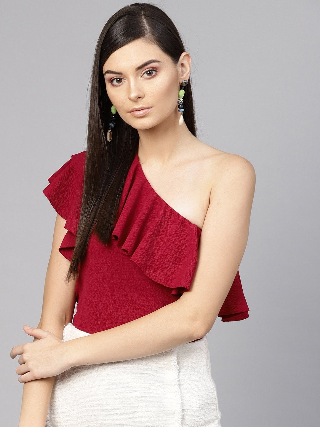 Women's Maroon One Shoulder Ruffle Top