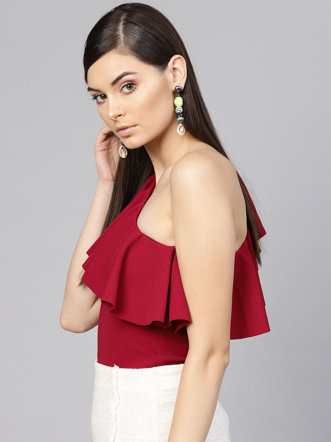 Women's Maroon One Shoulder Ruffle Top