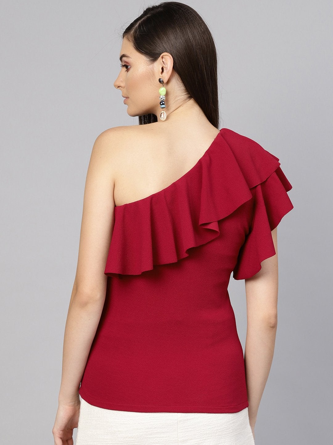 Women's Maroon One Shoulder Ruffle Top