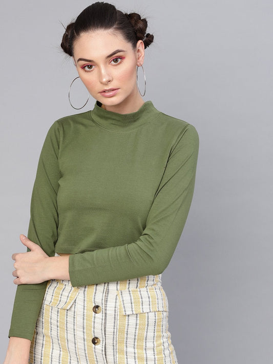 Women's Olive Turtle Neck Crop Top