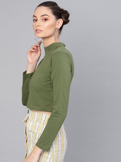 Women's Olive Turtle Neck Crop Top