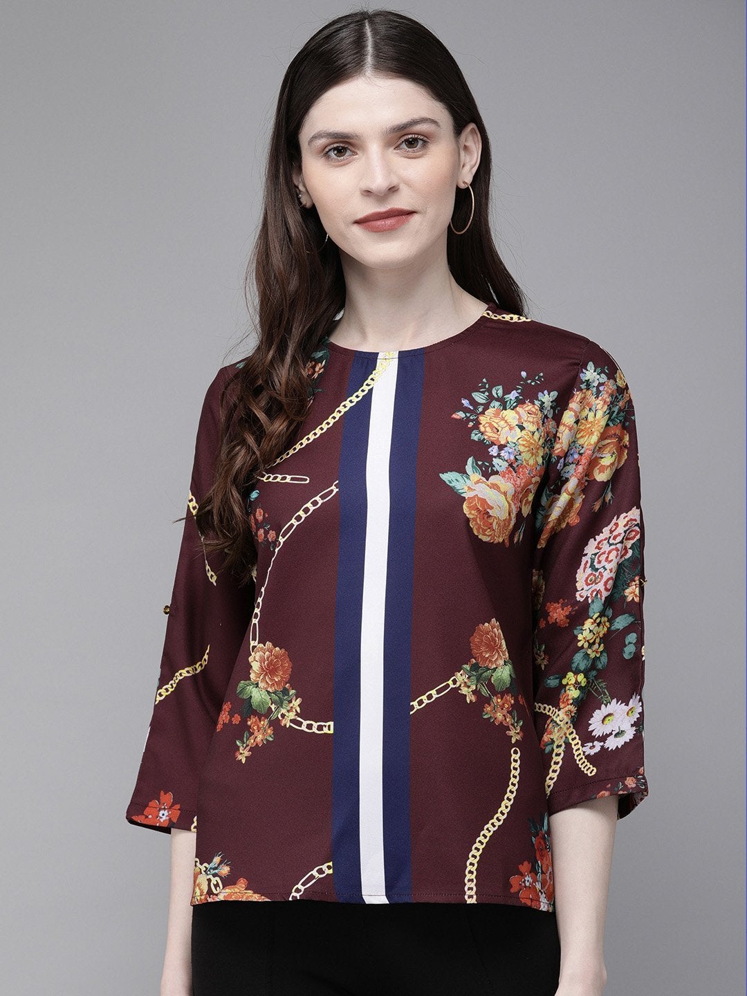 Women's Burgundy Floral Placement Print Top
