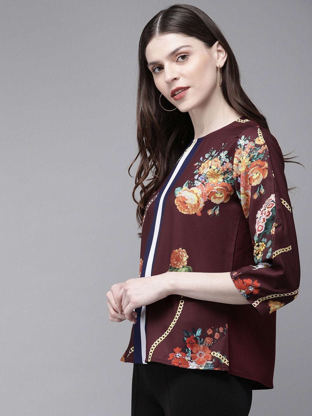 Women's Burgundy Floral Placement Print Top