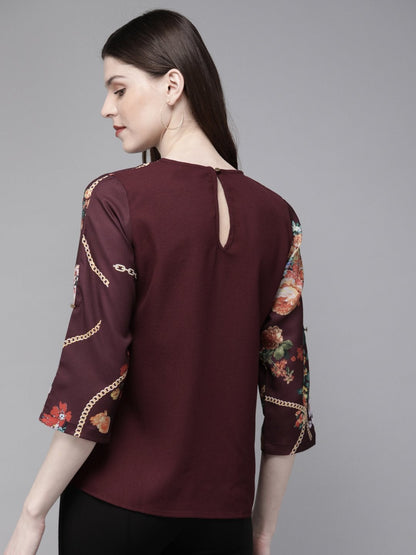 Women's Burgundy Floral Placement Print Top