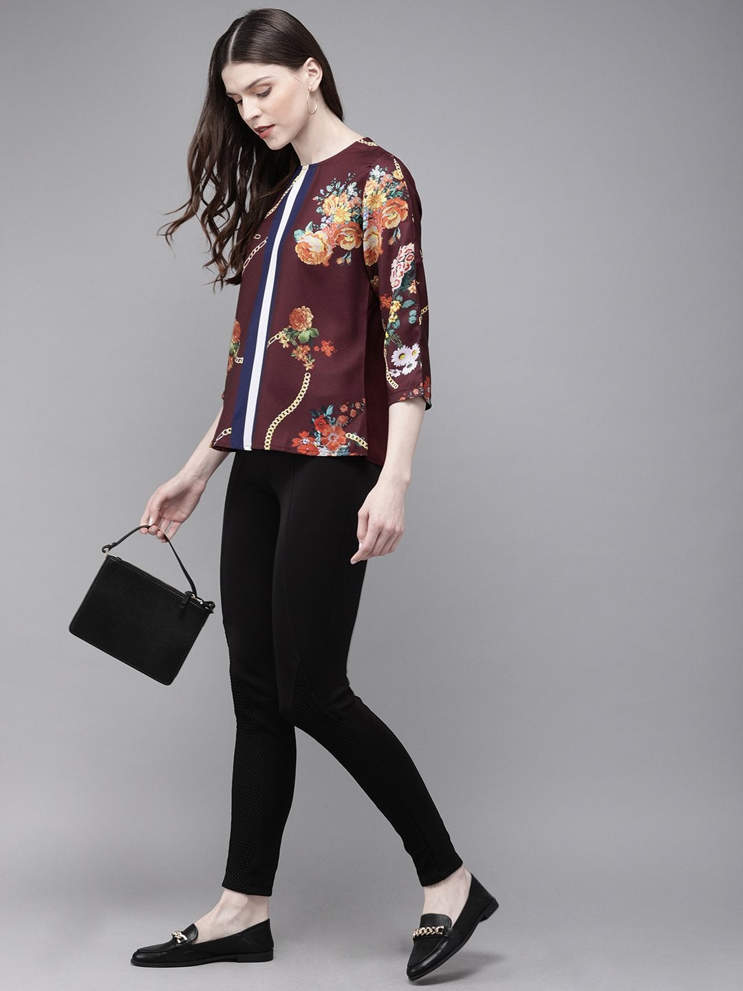 Women's Burgundy Floral Placement Print Top