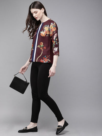 Women's Burgundy Floral Placement Print Top