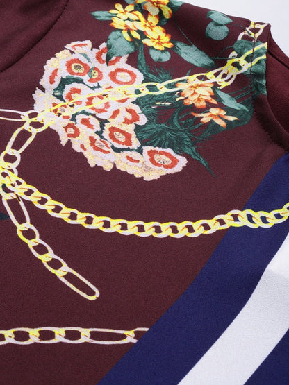 Women's Burgundy Floral Placement Print Top