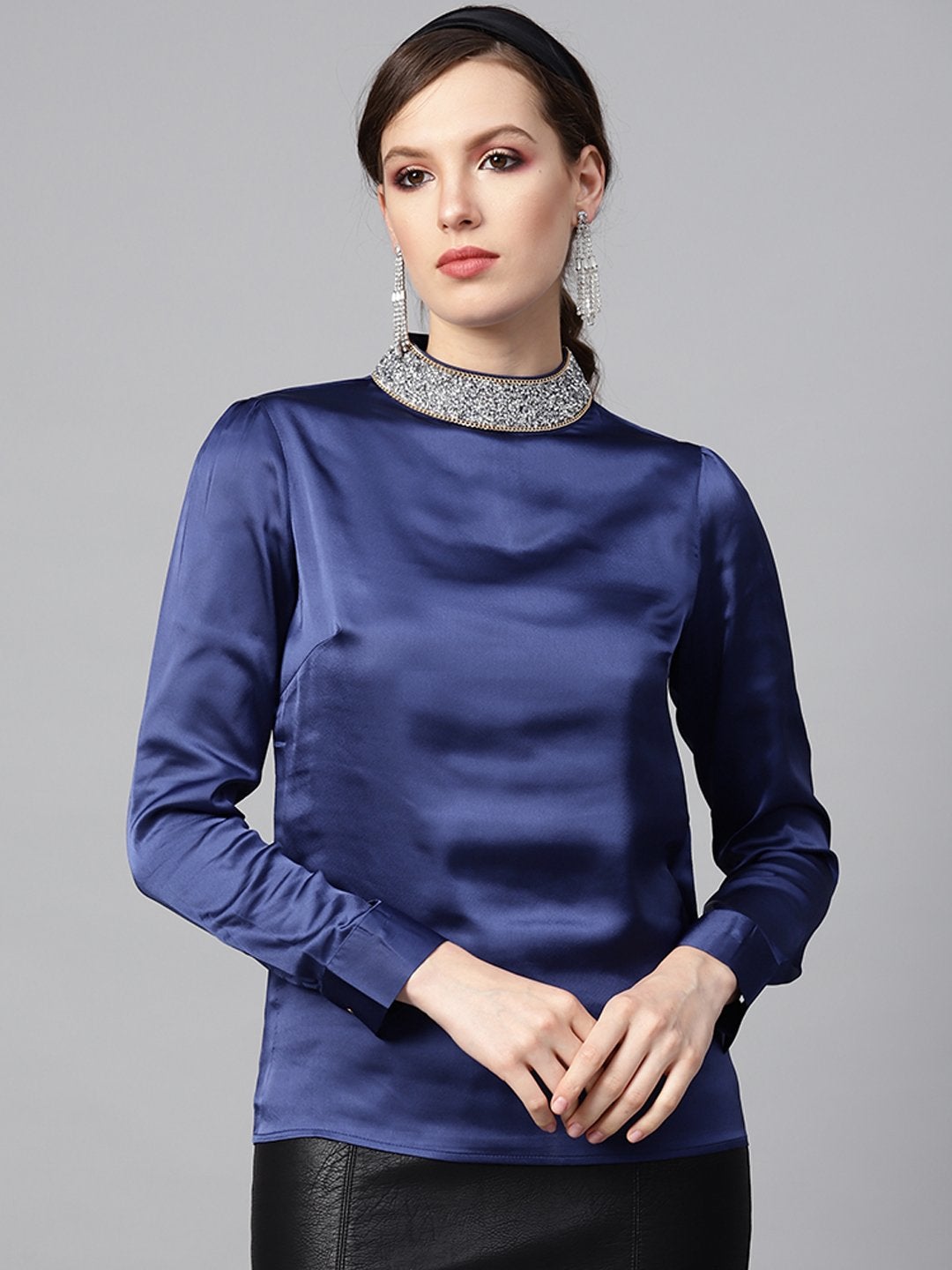 Women's Blue Satin Blingy Neck Top