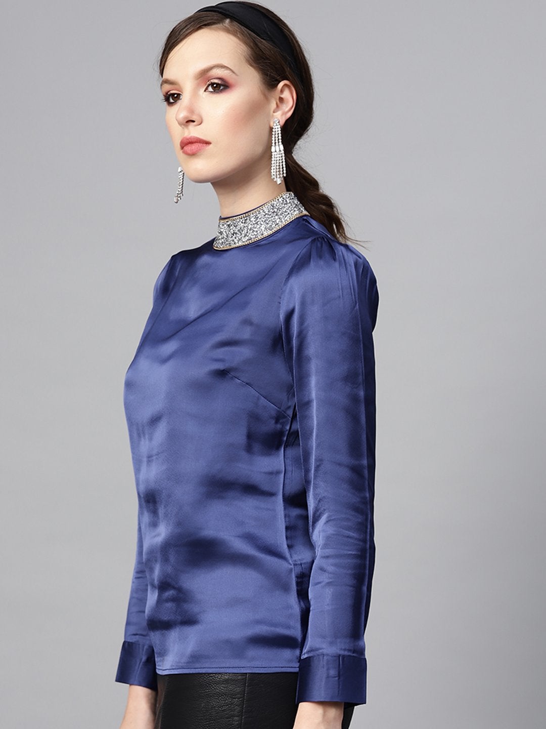 Women's Blue Satin Blingy Neck Top