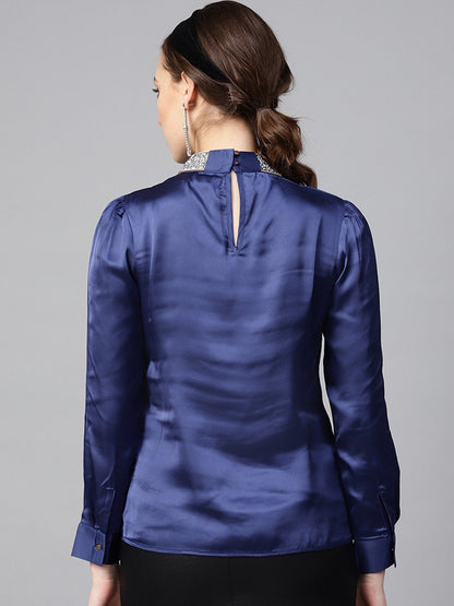 Women's Blue Satin Blingy Neck Top
